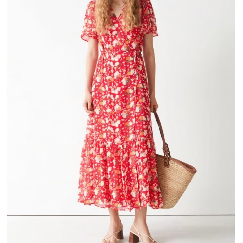 & Other Stories & Other Stories Flutter Sleeve Wrap Midi Dress in Red Floral